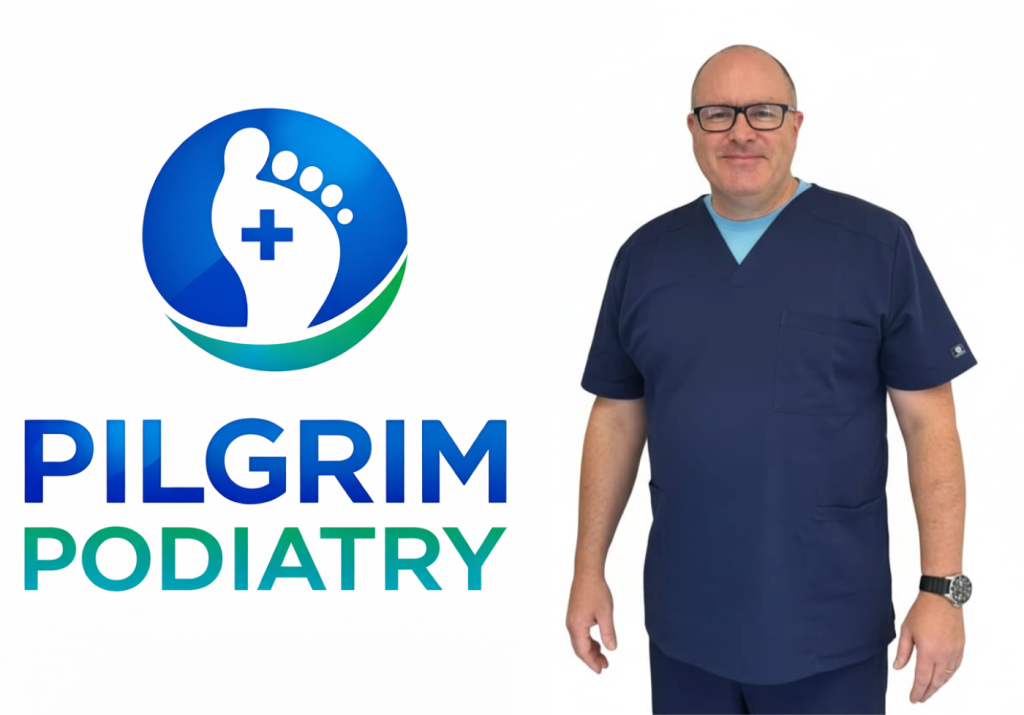 Podiatrist at Pilgrim Podiatry stood next to Pilgrim Podiatry Logo